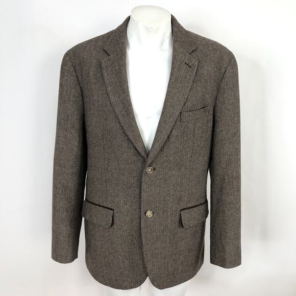Tasso Elba LG 42-44 Elbow Patch Herringbone Wool Blend Sport Coat Jacket Brown
